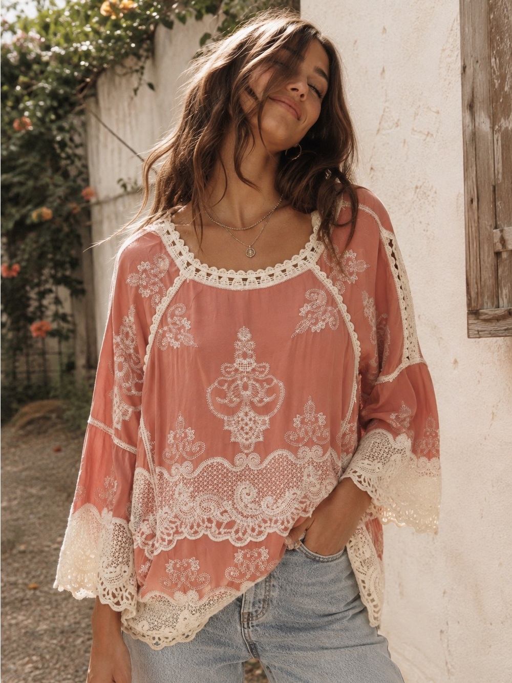 Democracy Blush Embroidered Lace Boho Peasant Top Small Cottagecore Rayon